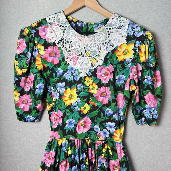 Expo Vintage Women's 80's Puff Sleeve Floral Cotton Blend Lace Collar Dress 10 - Picture 3 of 16